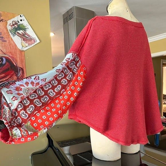 We The Free Waffle Knit Mixed Media Oversized Thermal Drapey Paisley Sleeve Top - Picture 6 of 12